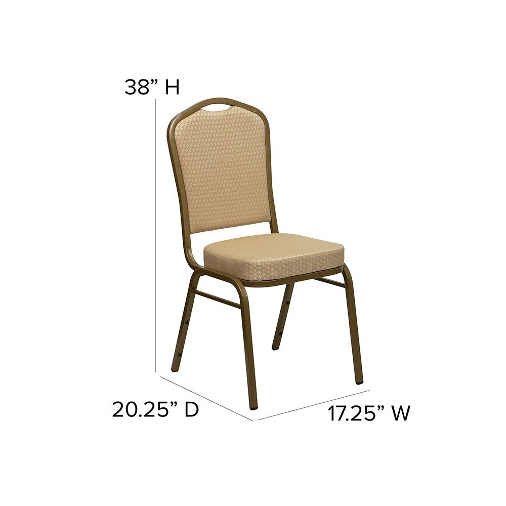 Crown Back Stacking Banquet Chair in Beige Patterned Fabric - Gold Frame