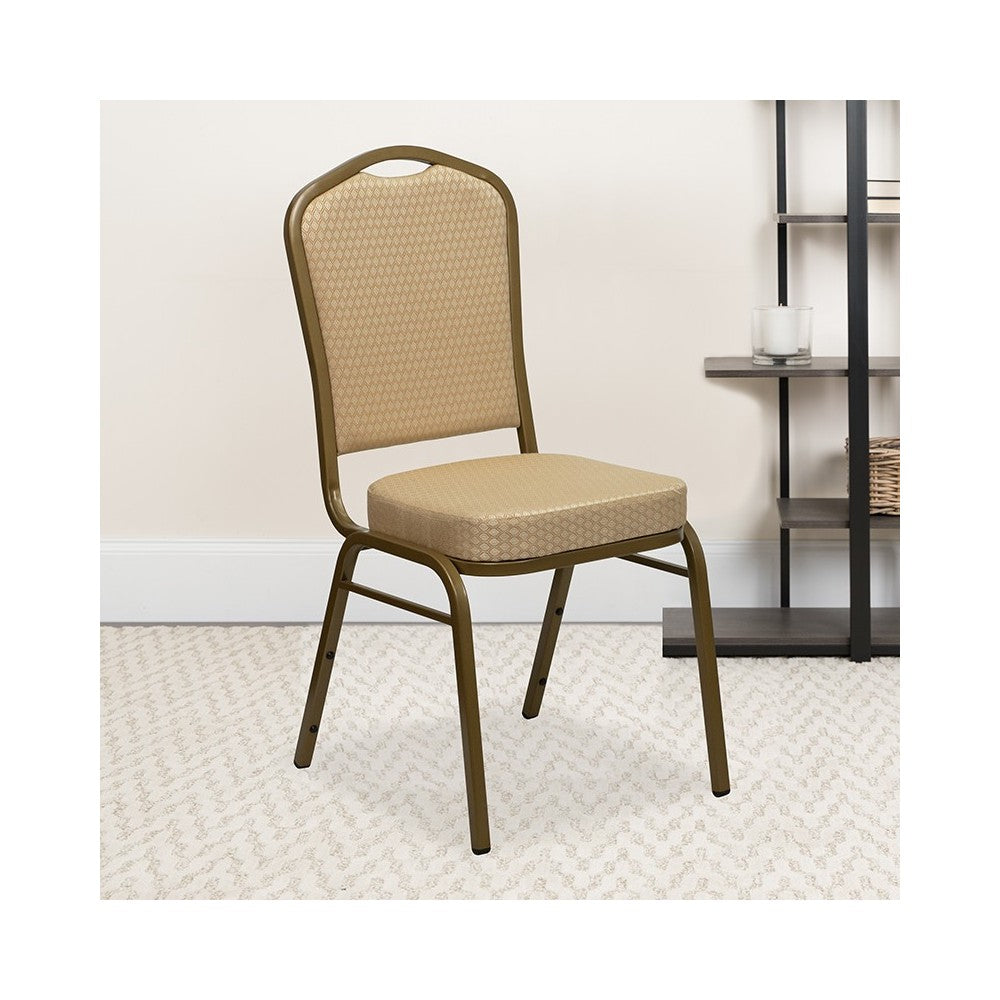 Crown Back Stacking Banquet Chair in Beige Patterned Fabric - Gold Frame