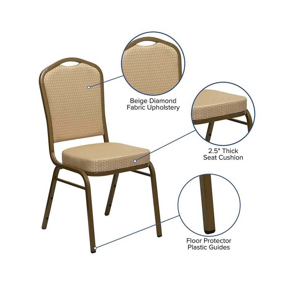Crown Back Stacking Banquet Chair in Beige Patterned Fabric - Gold Frame