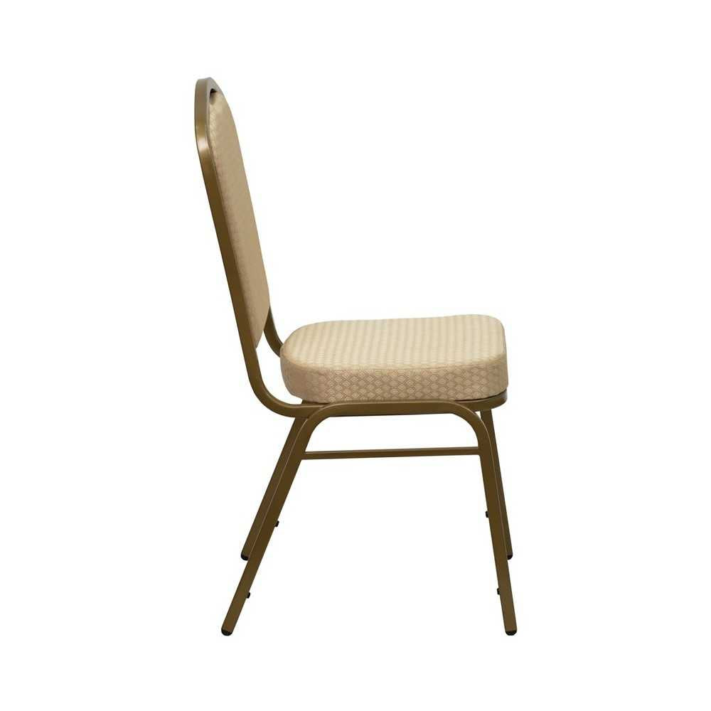 Crown Back Stacking Banquet Chair in Beige Patterned Fabric - Gold Frame