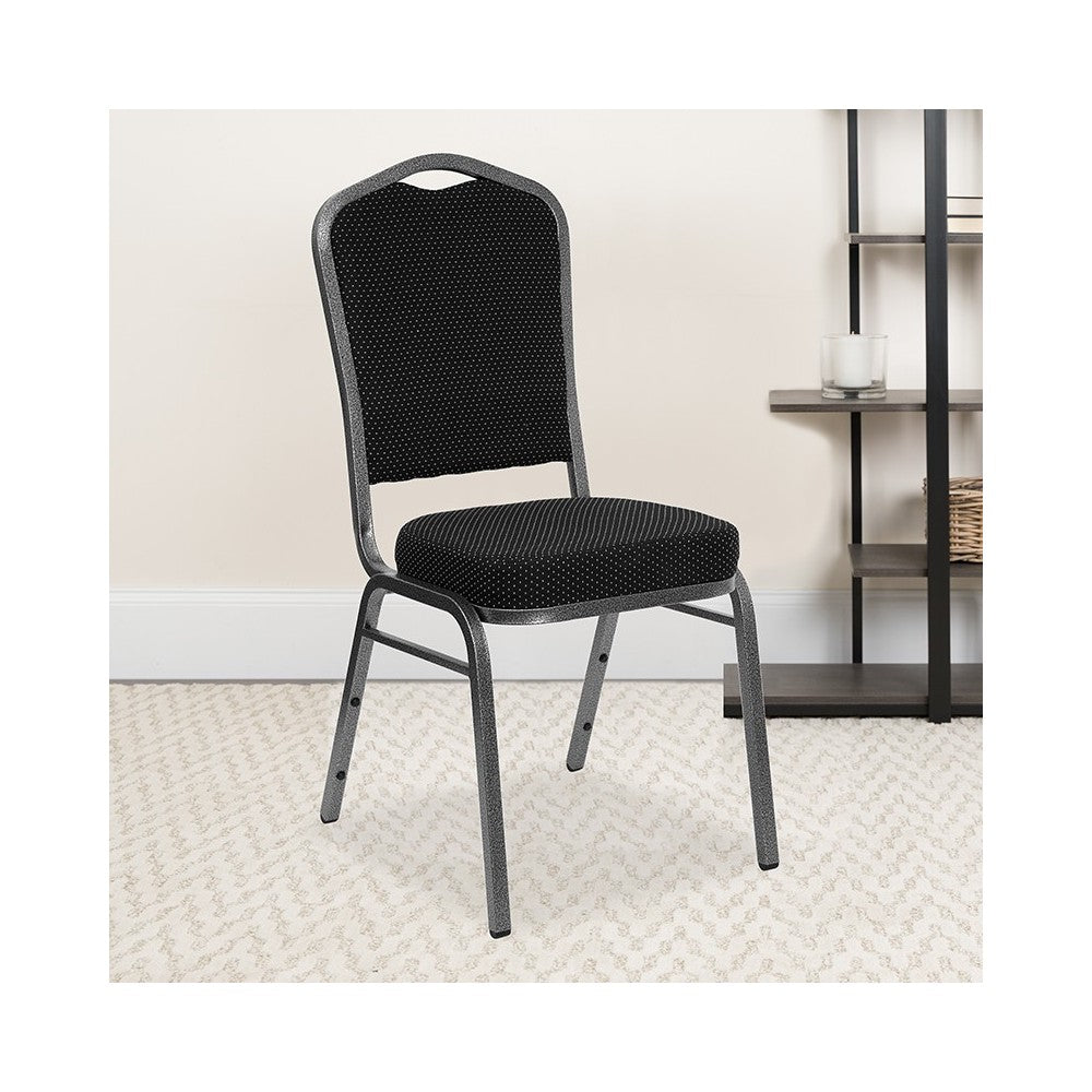 Crown Back Stacking Banquet Chair in Black Dot Patterned Fabric - Silver Vein Frame