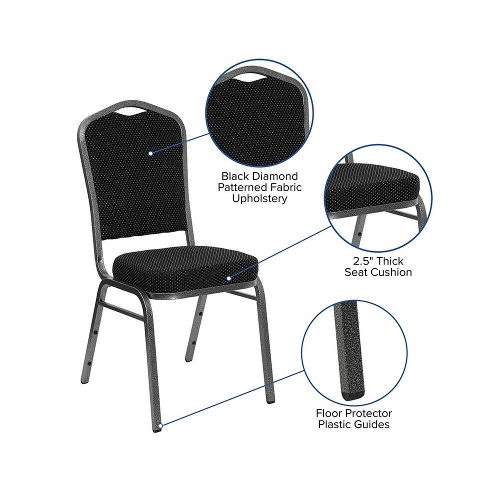 Crown Back Stacking Banquet Chair in Black Dot Patterned Fabric - Silver Vein Frame