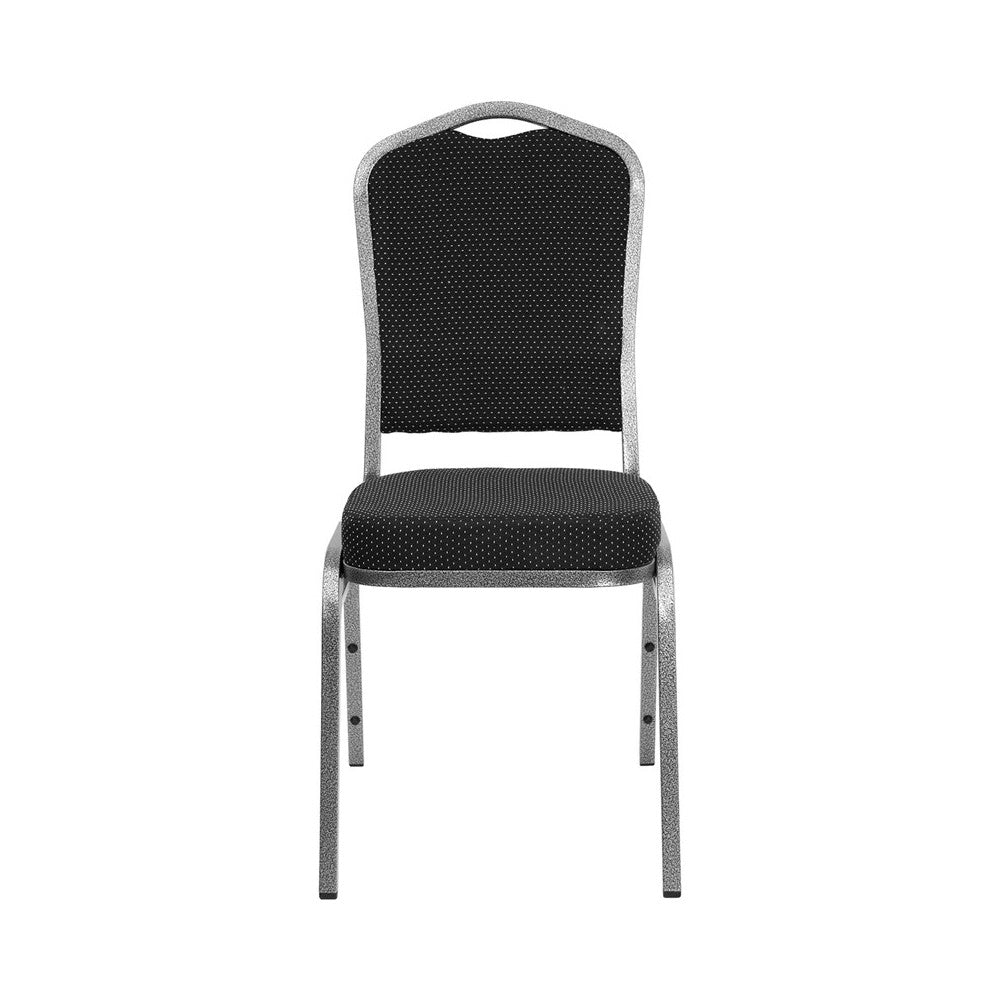 Crown Back Stacking Banquet Chair in Black Dot Patterned Fabric - Silver Vein Frame