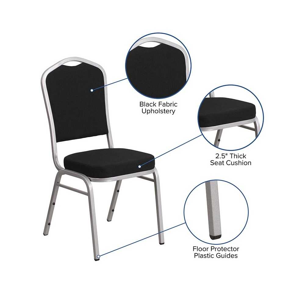 Crown Back Stacking Banquet Chair in Black Fabric - Silver Frame
