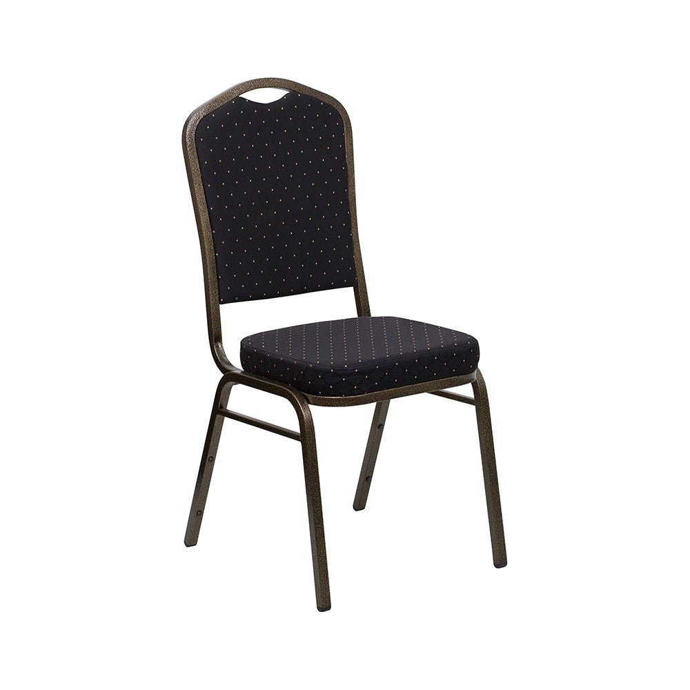 Crown Back Stacking Banquet Chair in Black Patterned Fabric - Gold Vein Frame