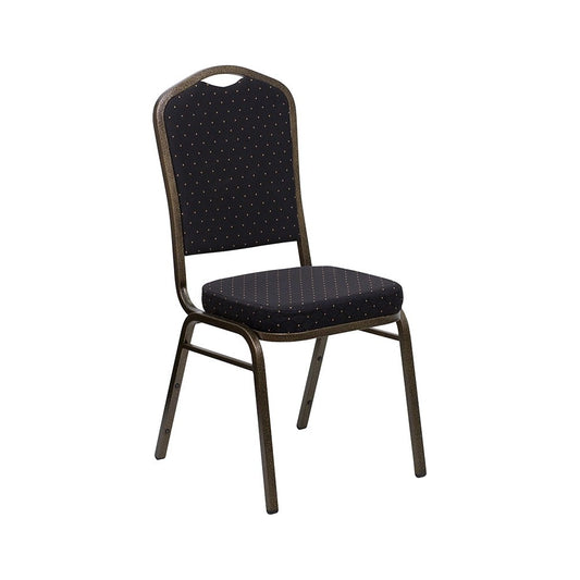 Crown Back Stacking Banquet Chair in Black Patterned Fabric - Gold Vein Frame