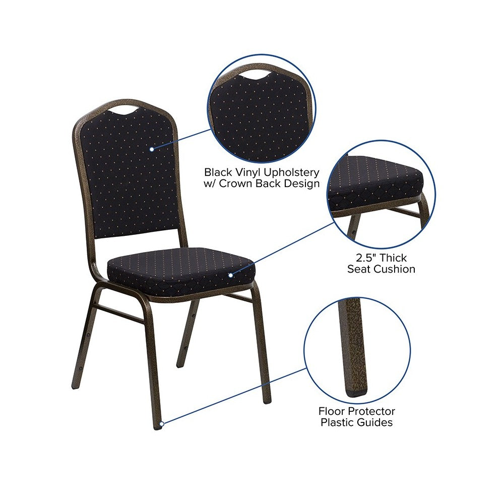 Crown Back Stacking Banquet Chair in Black Patterned Fabric - Gold Vein Frame
