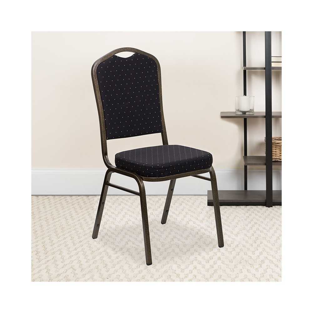 Crown Back Stacking Banquet Chair in Black Patterned Fabric - Gold Vein Frame