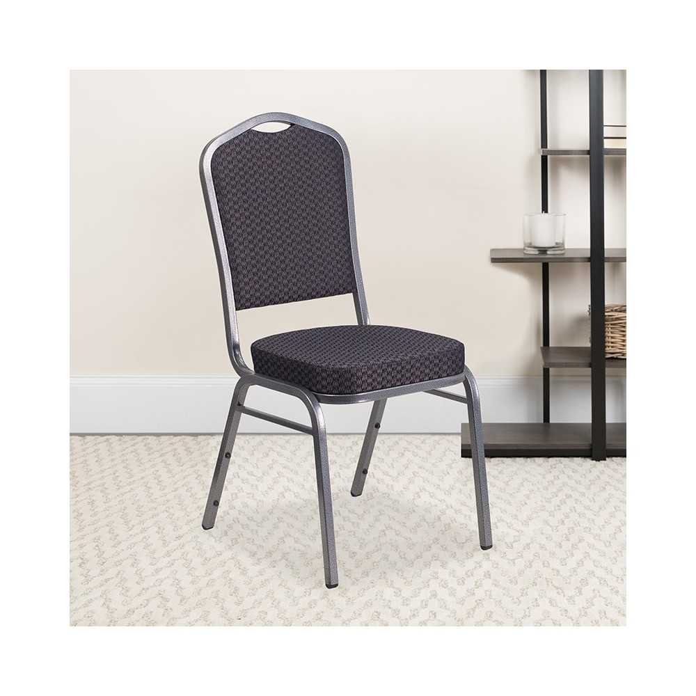 Crown Back Stacking Banquet Chair in Black Patterned Fabric - Silver Vein Frame