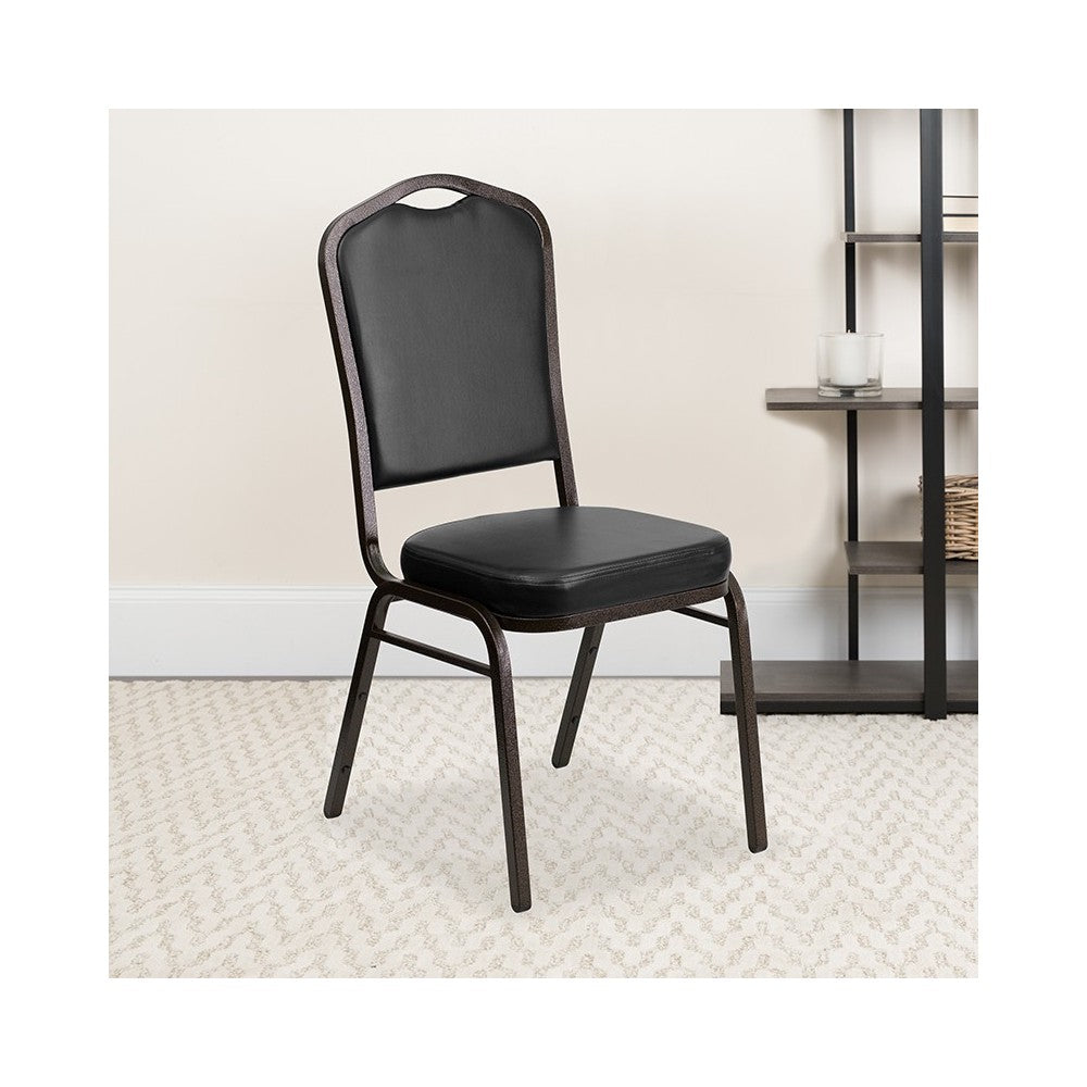 Crown Back Stacking Banquet Chair in Black Vinyl - Gold Vein Frame