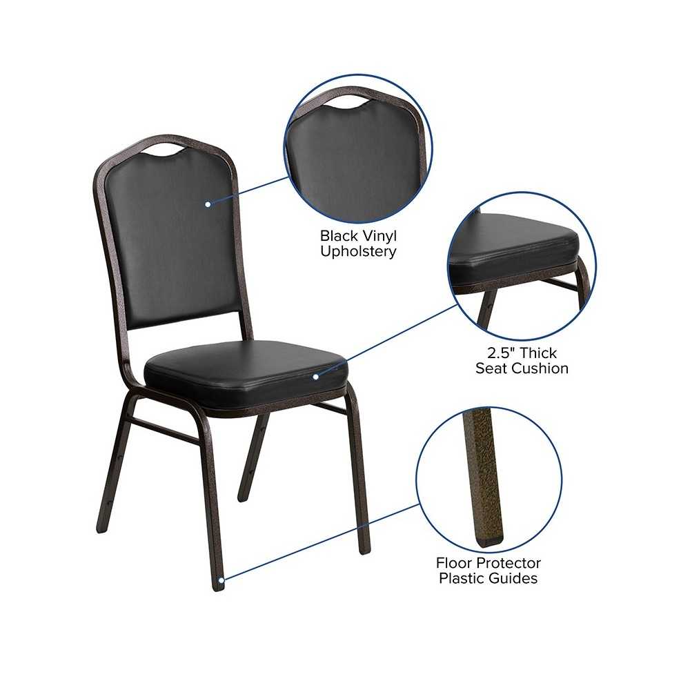 Crown Back Stacking Banquet Chair in Black Vinyl - Gold Vein Frame