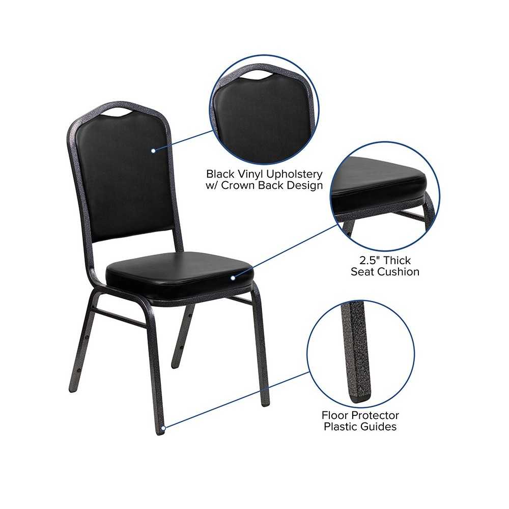 Crown Back Stacking Banquet Chair in Black Vinyl - Silver Vein Frame