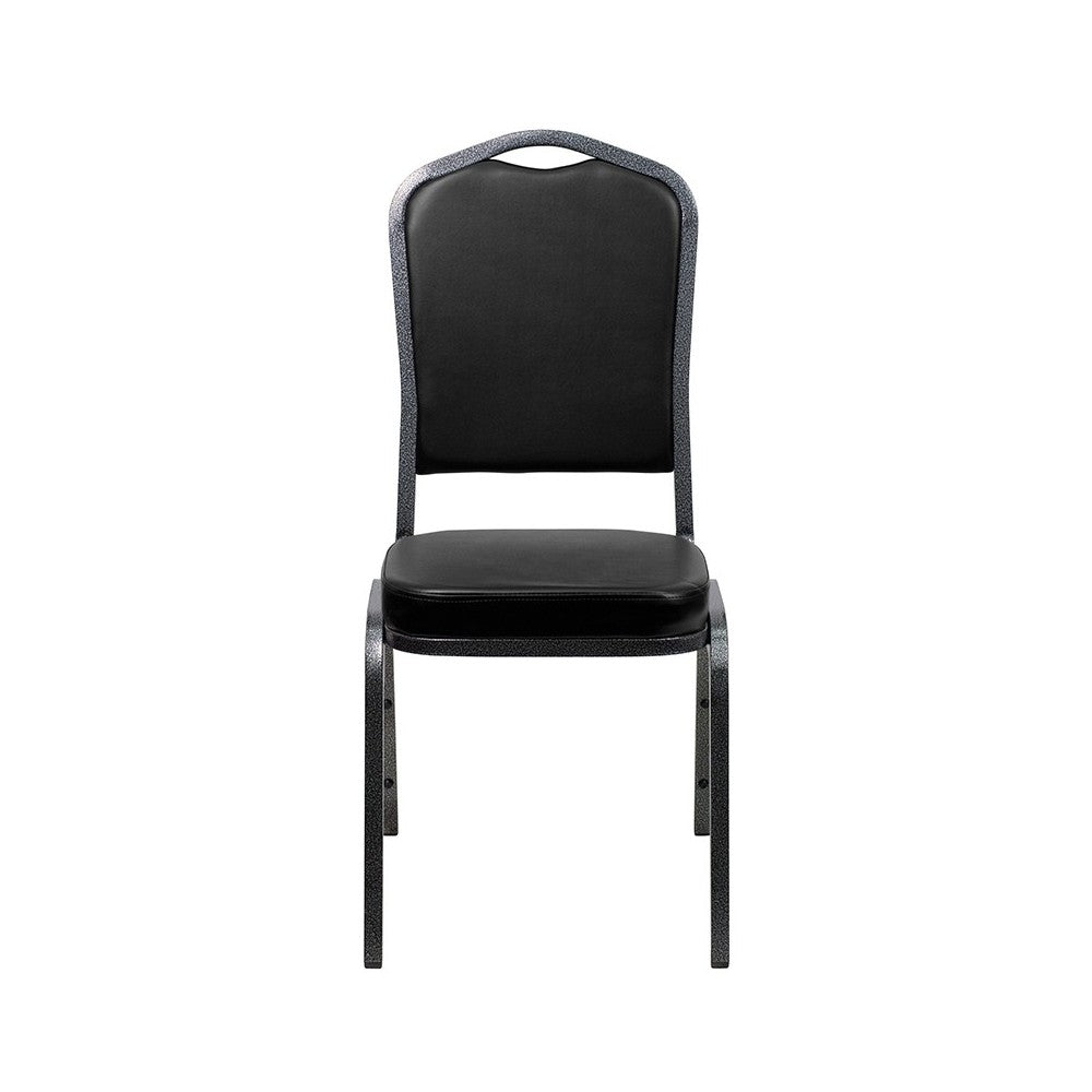 Crown Back Stacking Banquet Chair in Black Vinyl - Silver Vein Frame