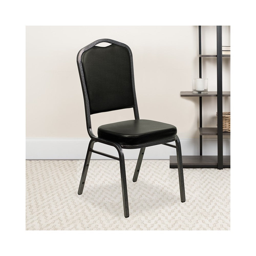 Crown Back Stacking Banquet Chair in Black Vinyl - Silver Vein Frame