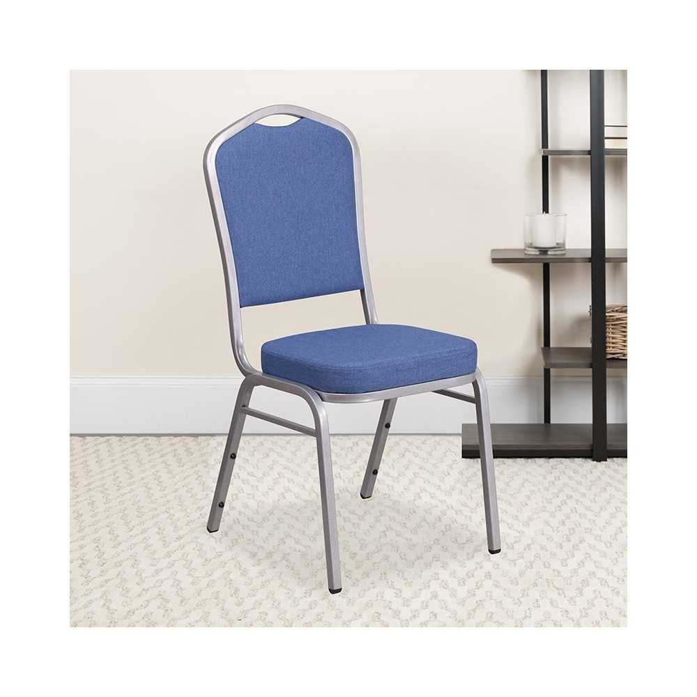 Crown Back Stacking Banquet Chair in Blue Fabric - Silver Frame
