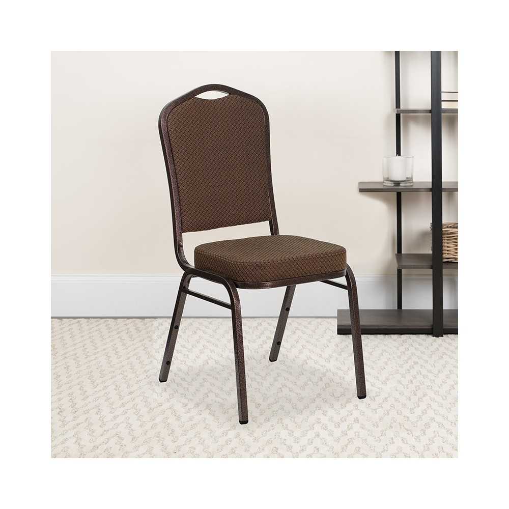 Crown Back Stacking Banquet Chair in Brown Patterned Fabric - Copper Vein Frame