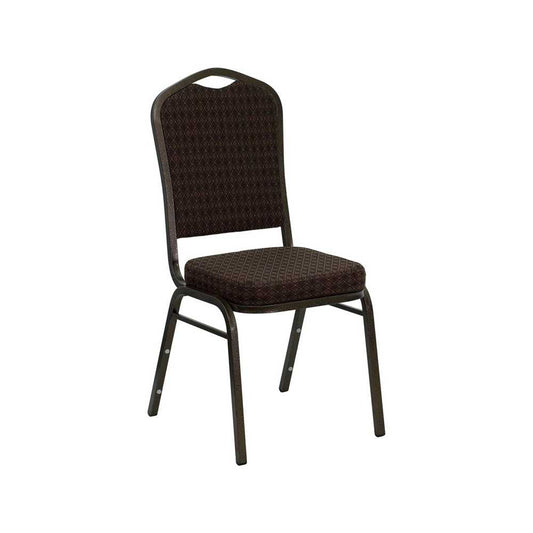 Crown Back Stacking Banquet Chair in Brown Patterned Fabric - Gold Vein Frame