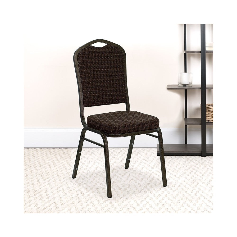 Crown Back Stacking Banquet Chair in Brown Patterned Fabric - Gold Vein Frame