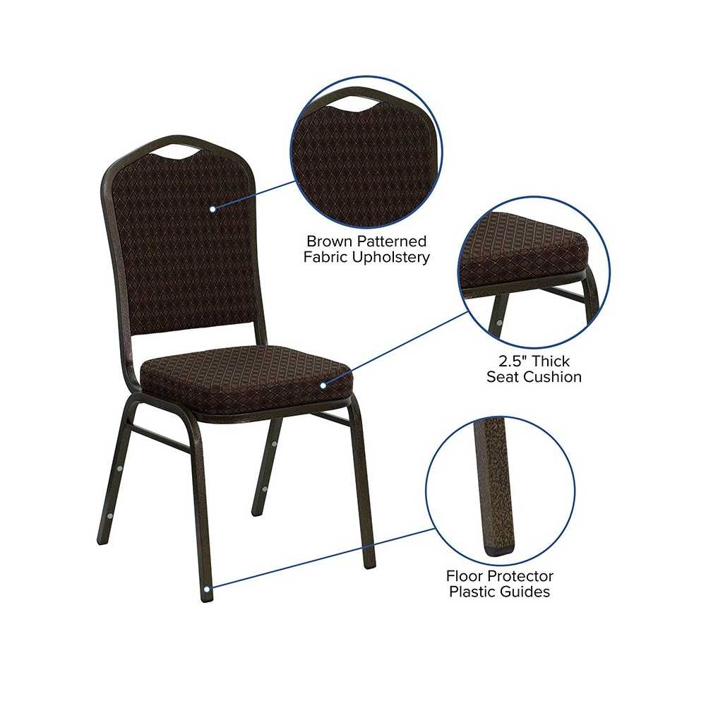 Crown Back Stacking Banquet Chair in Brown Patterned Fabric - Gold Vein Frame