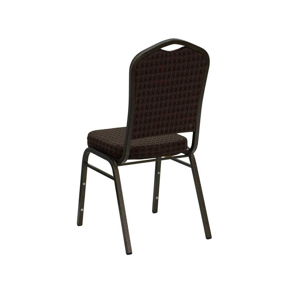 Crown Back Stacking Banquet Chair in Brown Patterned Fabric - Gold Vein Frame