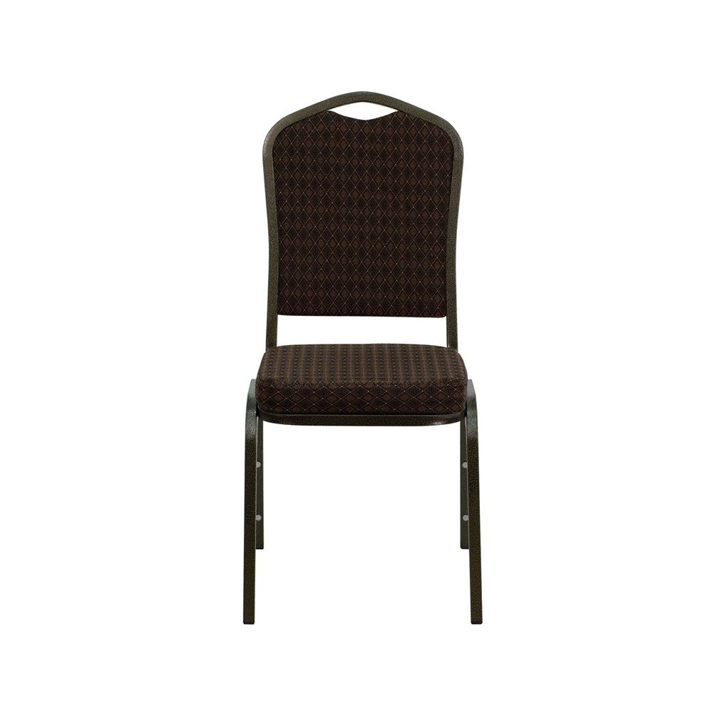 Crown Back Stacking Banquet Chair in Brown Patterned Fabric - Gold Vein Frame