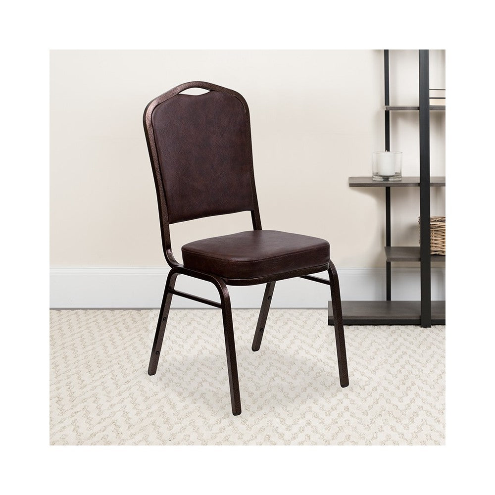Crown Back Stacking Banquet Chair in Brown Vinyl - Copper Vein Frame