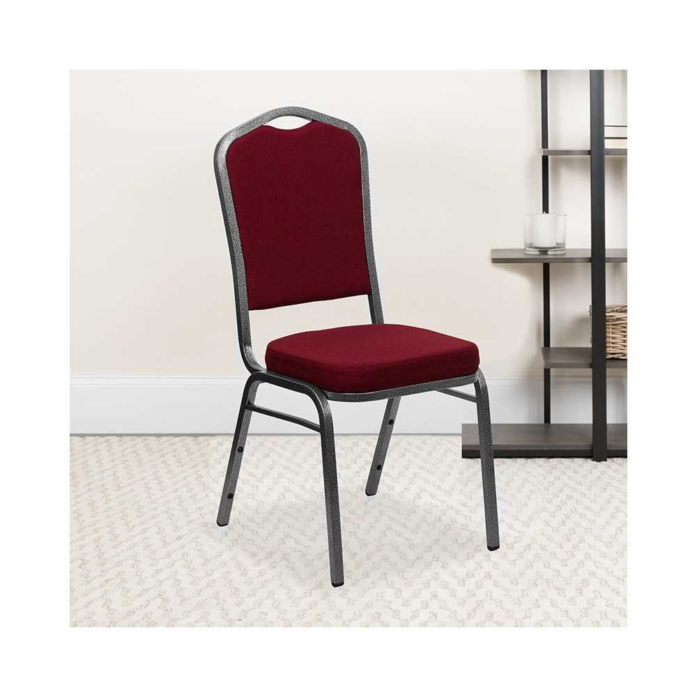 Crown Back Stacking Banquet Chair in Burgundy Fabric - Silver Vein Frame
