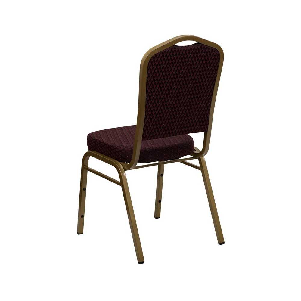 Crown Back Stacking Banquet Chair in Burgundy Patterned Fabric - Gold Frame