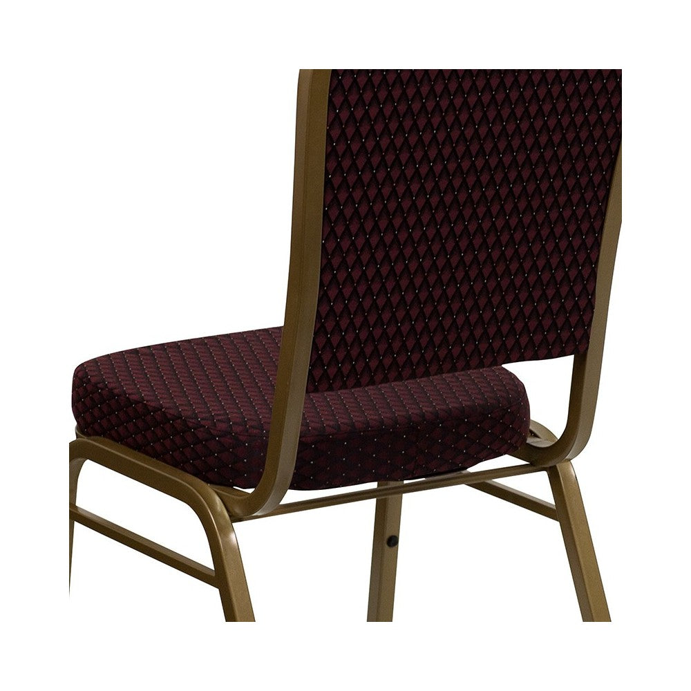 Crown Back Stacking Banquet Chair in Burgundy Patterned Fabric - Gold Frame