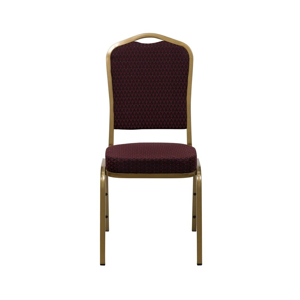 Crown Back Stacking Banquet Chair in Burgundy Patterned Fabric - Gold Frame