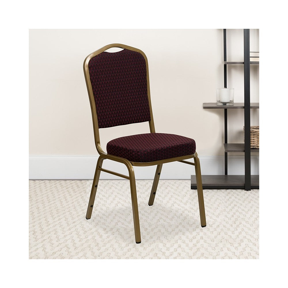 Crown Back Stacking Banquet Chair in Burgundy Patterned Fabric - Gold Frame