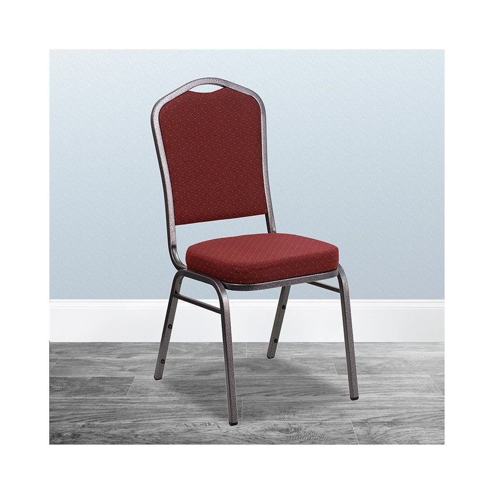 Crown Back Stacking Banquet Chair in Burgundy Patterned Fabric - Silver Vein Frame