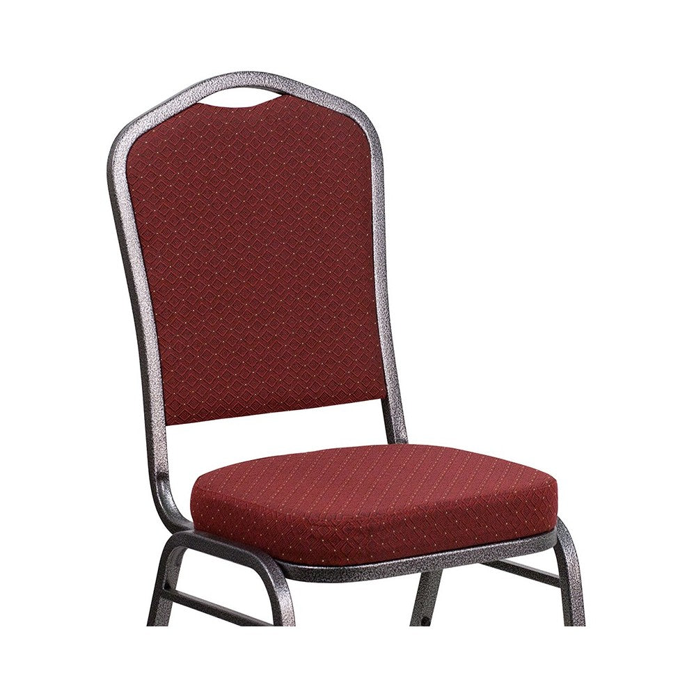 Crown Back Stacking Banquet Chair in Burgundy Patterned Fabric - Silver Vein Frame