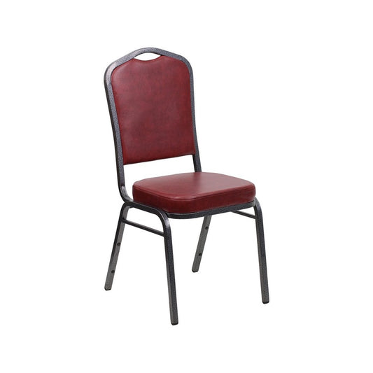 Crown Back Stacking Banquet Chair in Burgundy Vinyl - Silver Vein Frame