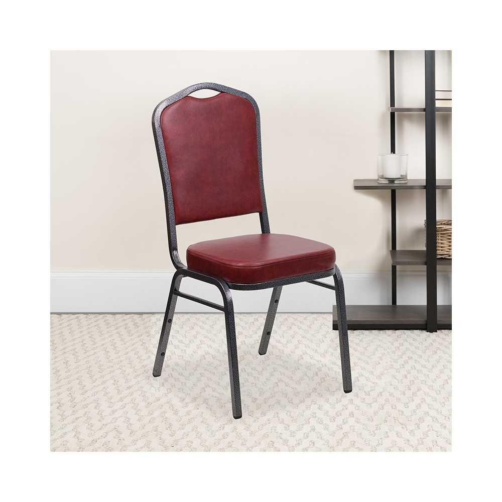 Crown Back Stacking Banquet Chair in Burgundy Vinyl - Silver Vein Frame