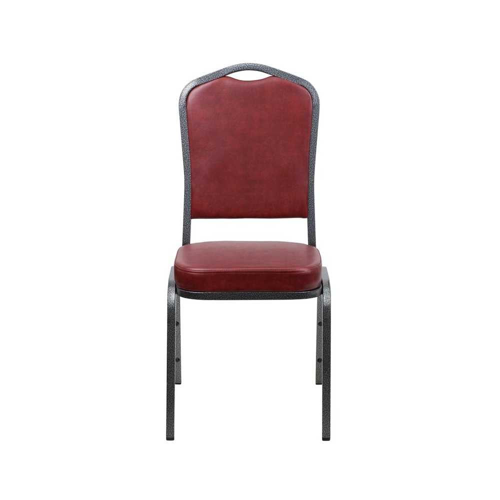Crown Back Stacking Banquet Chair in Burgundy Vinyl - Silver Vein Frame
