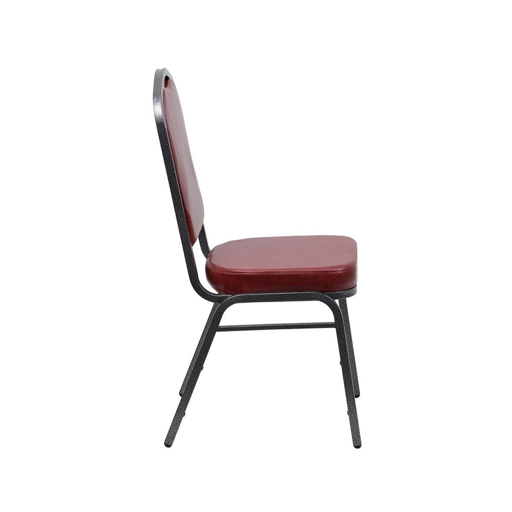 Crown Back Stacking Banquet Chair in Burgundy Vinyl - Silver Vein Frame