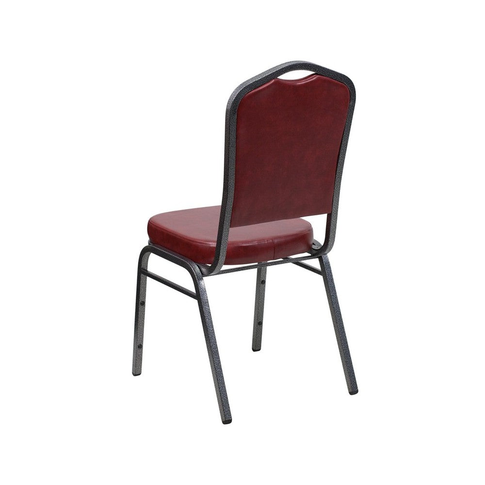 Crown Back Stacking Banquet Chair in Burgundy Vinyl - Silver Vein Frame