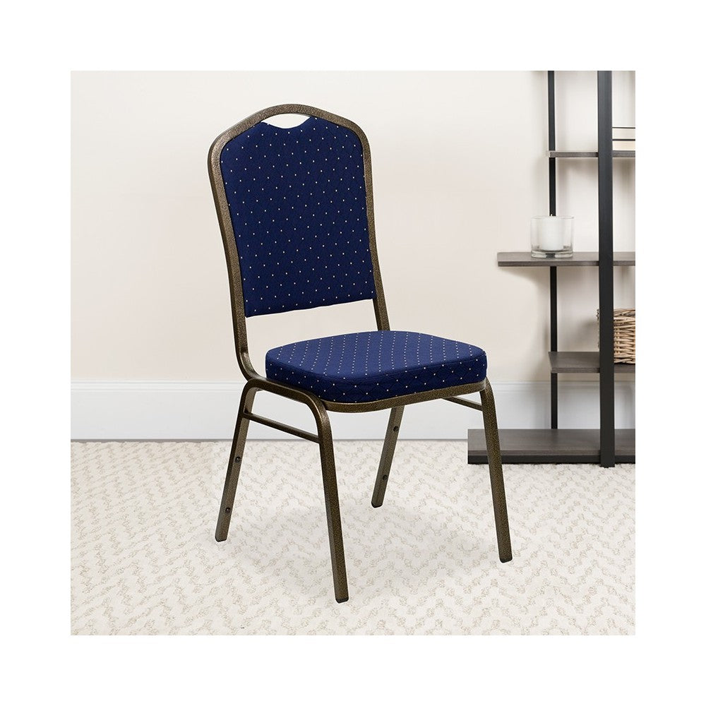 Crown Back Stacking Banquet Chair in Navy Blue Dot Patterned Fabric - Gold Vein Frame