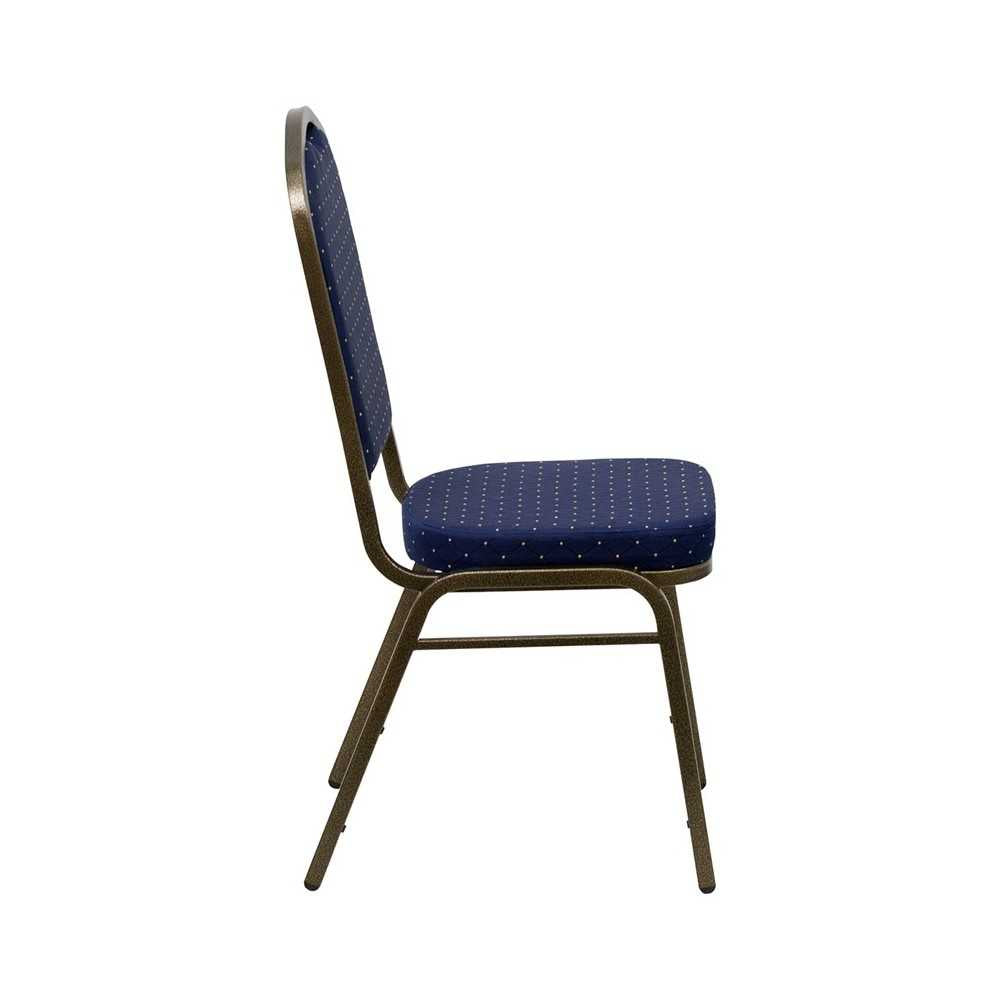 Crown Back Stacking Banquet Chair in Navy Blue Dot Patterned Fabric - Gold Vein Frame
