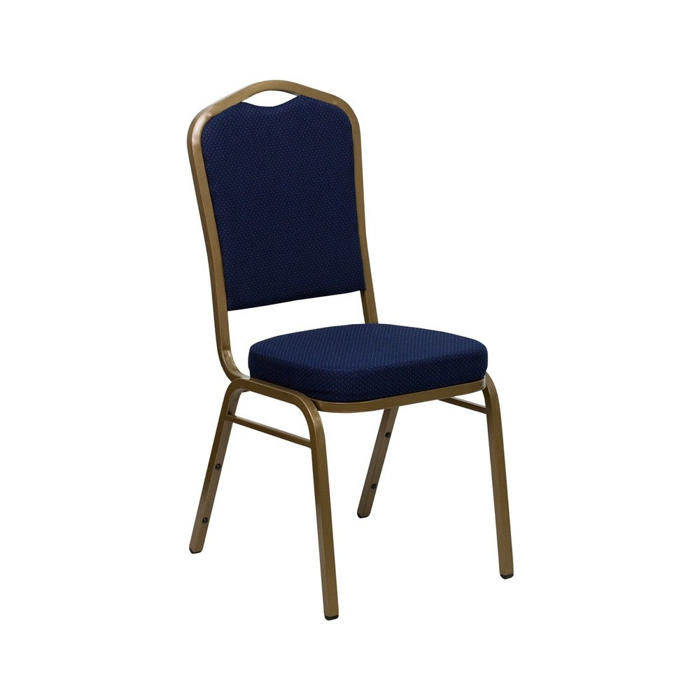 Crown Back Stacking Banquet Chair in Navy Blue Patterned Fabric - Gold Frame
