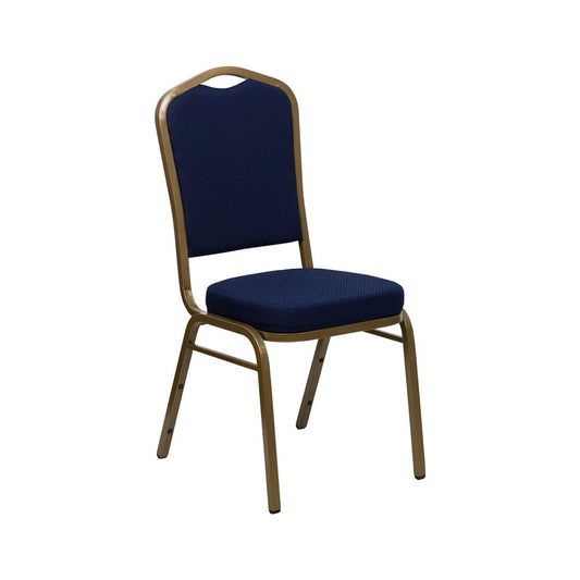 Crown Back Stacking Banquet Chair in Navy Blue Patterned Fabric - Gold Frame