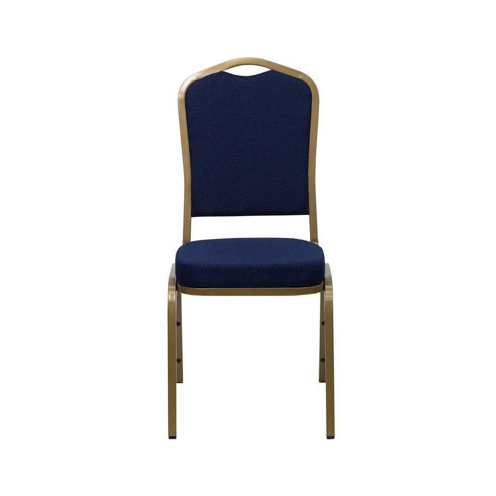 Crown Back Stacking Banquet Chair in Navy Blue Patterned Fabric - Gold Frame