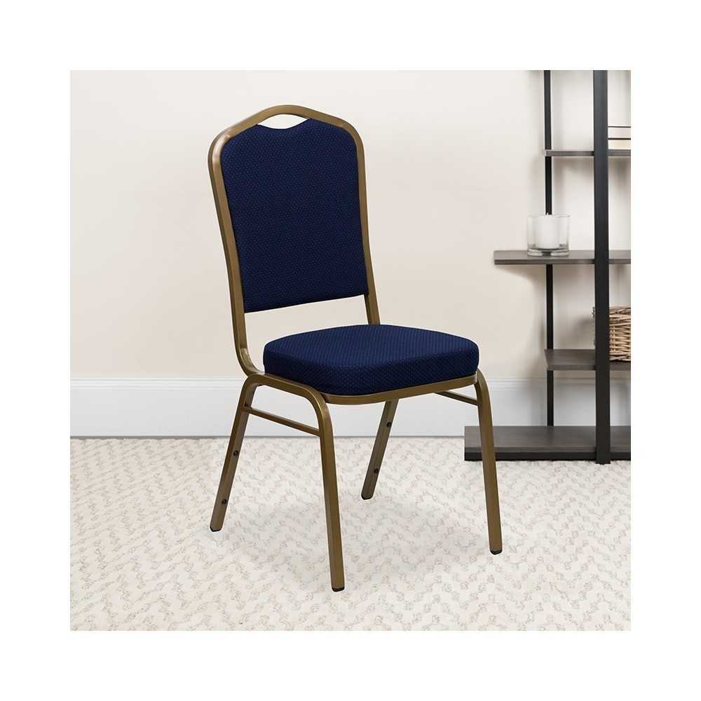 Crown Back Stacking Banquet Chair in Navy Blue Patterned Fabric - Gold Frame
