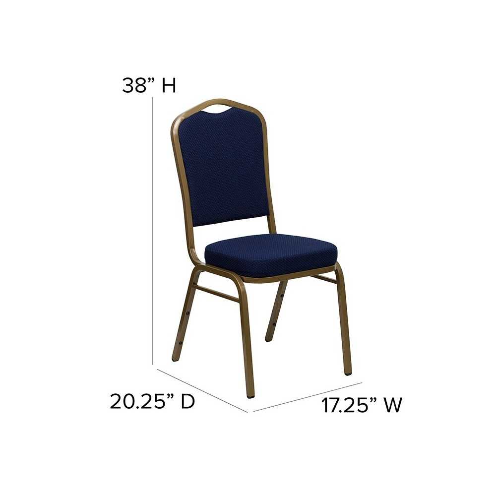 Crown Back Stacking Banquet Chair in Navy Blue Patterned Fabric - Gold Frame