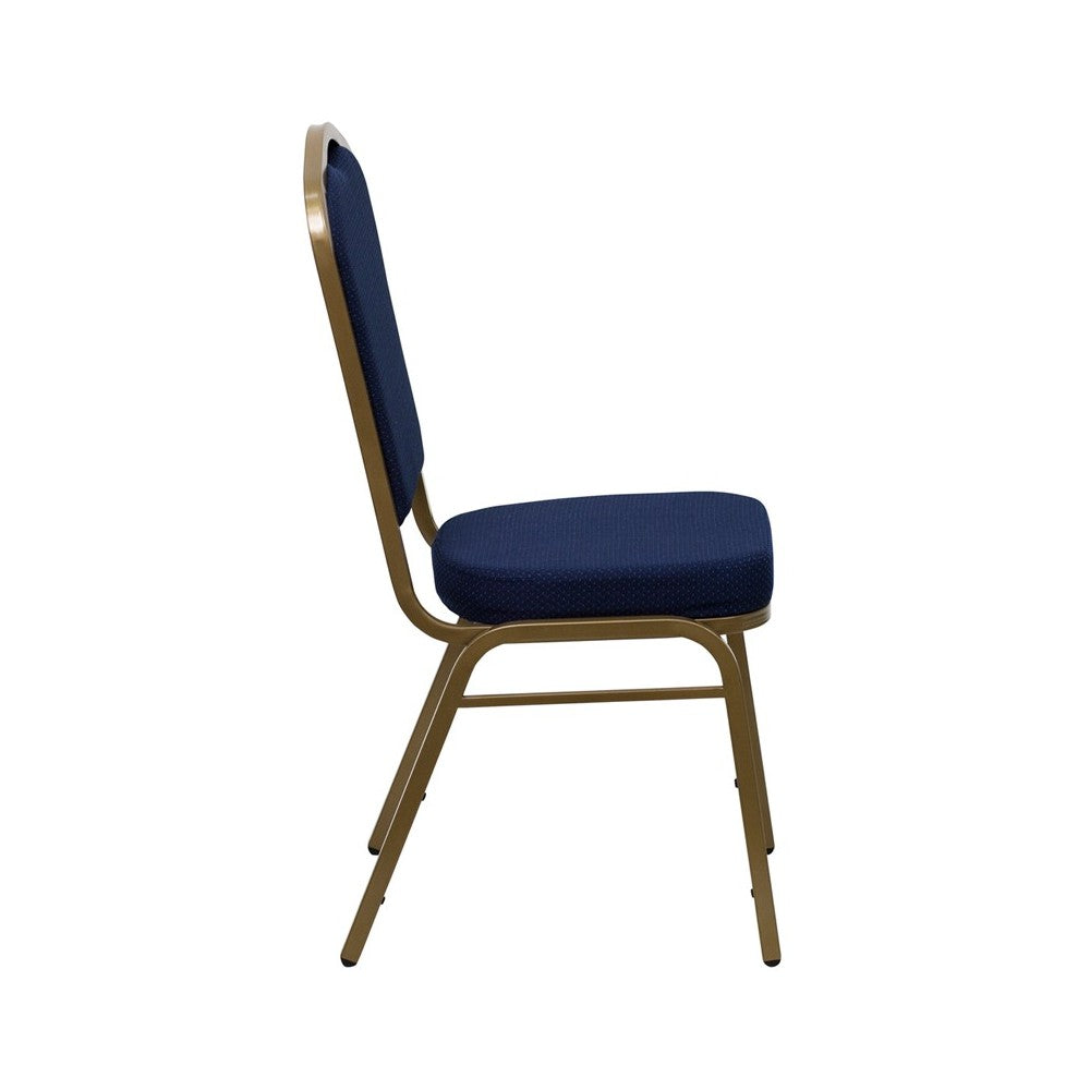 Crown Back Stacking Banquet Chair in Navy Blue Patterned Fabric - Gold Frame
