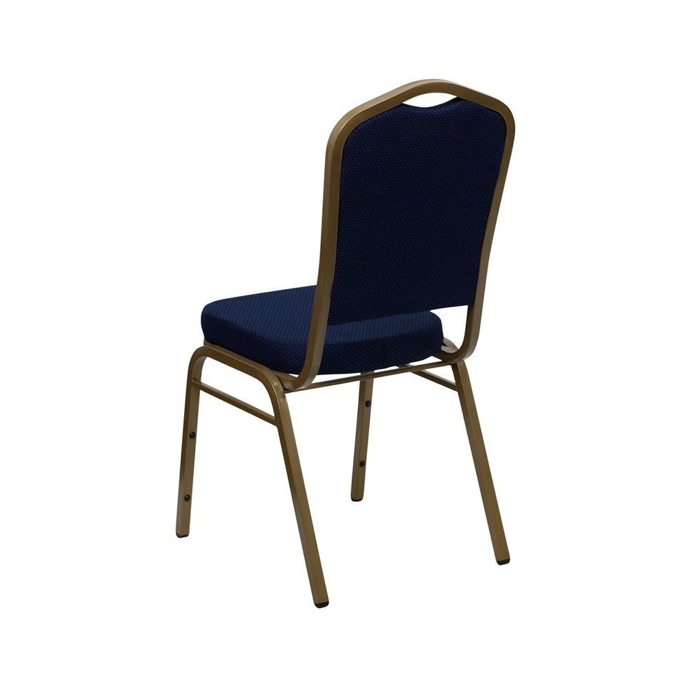 Crown Back Stacking Banquet Chair in Navy Blue Patterned Fabric - Gold Frame