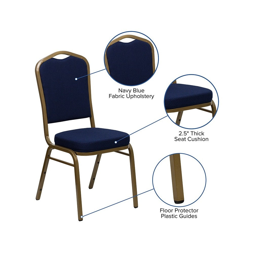 Crown Back Stacking Banquet Chair in Navy Blue Patterned Fabric - Gold Frame