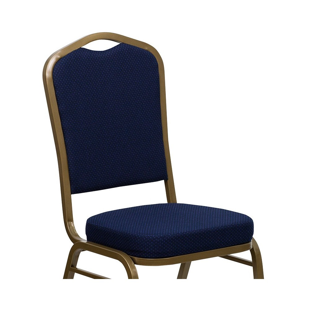 Crown Back Stacking Banquet Chair in Navy Blue Patterned Fabric - Gold Frame