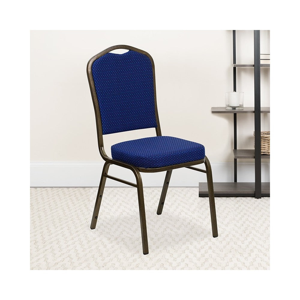 Crown Back Stacking Banquet Chair in Navy Blue Patterned Fabric - Gold Vein Frame